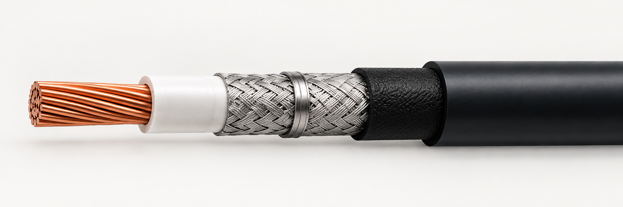 Labelled cable cross-section: conductor, insulation, shielding, inner jacket, outer jacket
